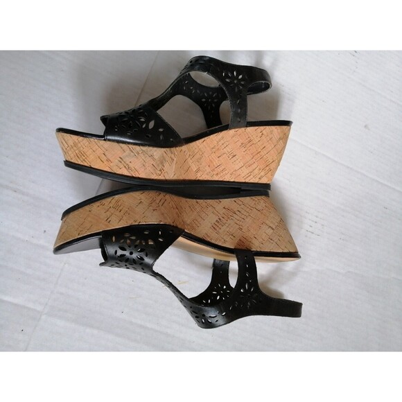 Franco Sarto Leather Platform Wedge Sandals Black Ankle Strap 10M Women’s - Picture 7 of 9